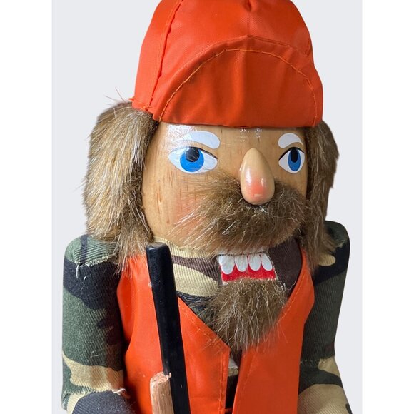 Wooden Hunter Nutcracker In Camouflage & Orange Vest Holding Accessory 14" Tall - Picture 8 of 11